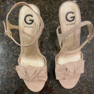 G by Guess Tan Suede Sandal with Gold Rattan Wedge, Size 8.5M